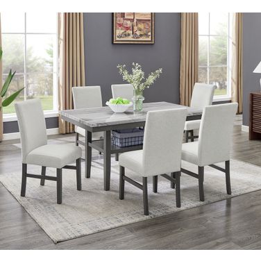 Selena 7-Piece 60 Inch Rectangular Faux Marble Top Dining Set with 6 Upholstered Chairs and Storage Shelf In Gray Finish