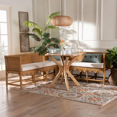 Seranay Scallop Light Honey Rattan 2-Piece Dining Nook Set In Light Honey