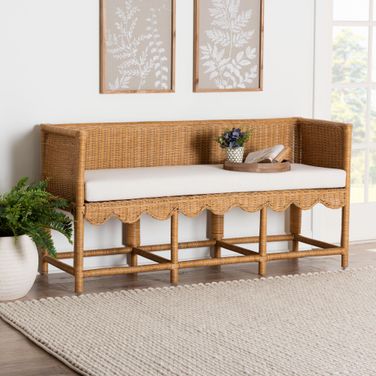 Seranay Scallop Rattan Accent Bench In Light Honey and White
