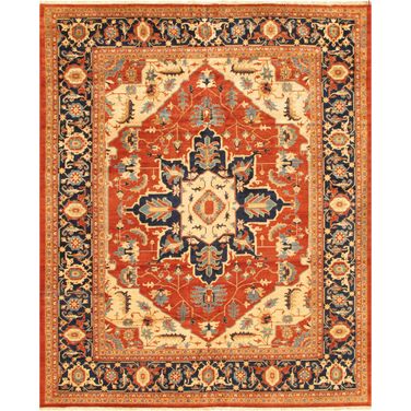 Serapi Collection Hand-Knotted Lamb's Wool Area Rug- 9' 10" x 10' 2" In Rust and Navy