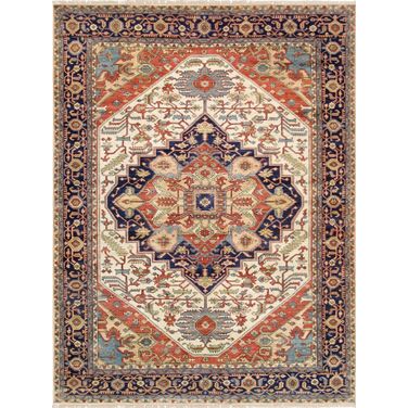 Serapi Collection Hand-Knotted Wool Area Rug, 10' x 10' 3" In Ivory and Navy