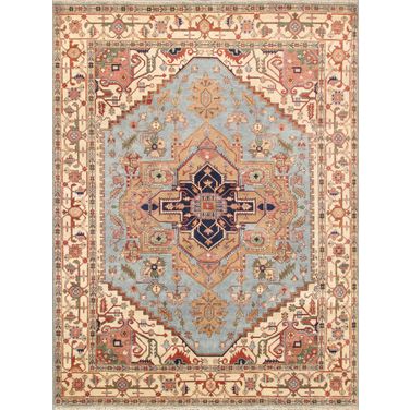 Serapi Collection Hand-Knotted Wool Area Rug-11'10" x 14'11" In Light Blue and Ivory