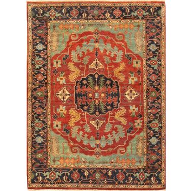 Serapi Collection Hand-Knotted Wool Area Rug- 5' 2" x 6'10" In Rust and Navy