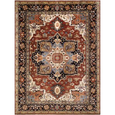 Serapi Collection Hand-Knotted Wool Area Rug- 8'10" x 11'11" In Rust and Navy
