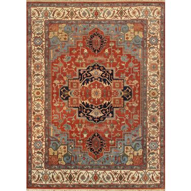Serapi Collection Hand-Knotted Wool Area Rug- 9' 2" x 11'11" In Ivory and Rust