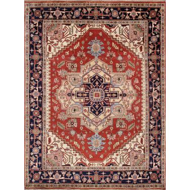Serapi Collection Hand-Knotted Wool Area Rug- 9' 7" x 13'11" In Rust and Navy