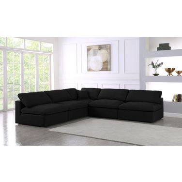Serene Linen Textured Fabric Deluxe Comfort 5 Piece Modular Sectional In Black