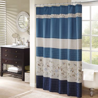 Serene Faux Silk Embroidered Floral Shower Curtain In Navy