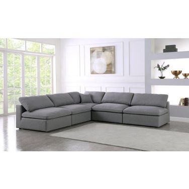 Serene Linen Textured Fabric Deluxe Comfort 5 Piece Modular Sectional In Grey
