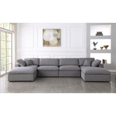 Serene Linen Textured Fabric Deluxe Comfort 6 Piece Modular Sectional In Grey