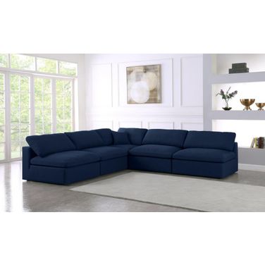 Serene Linen Textured Fabric Deluxe Comfort 5 Piece Modular Sectional In Navy