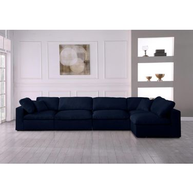 Serene Linen Textured Fabric Deluxe Comfort 5 Piece Modular Sectional In Navy