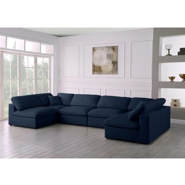 Serene Linen Textured Fabric Deluxe Comfort 6 Piece Modular Sectional In Navy