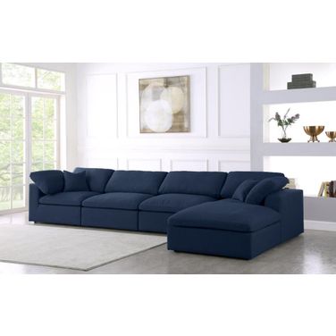 Serene Linen Textured Fabric Deluxe Comfort 5 Piece Modular Sectional In Navy