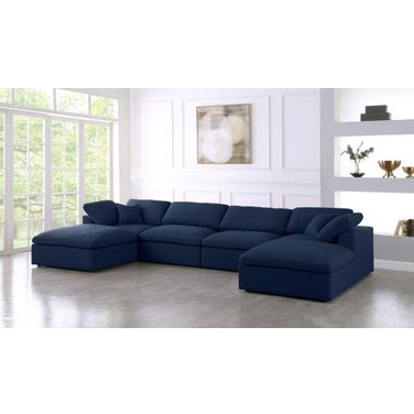 Serene Linen Textured Fabric Deluxe Comfort 6 Piece Modular Sectional In Navy