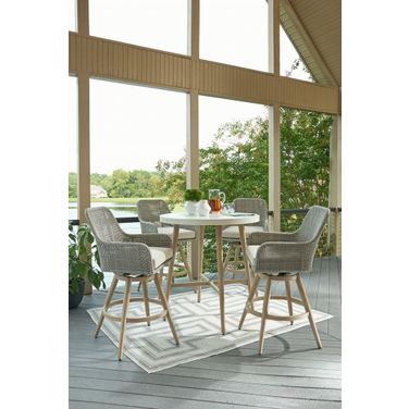 Seton Creek Outdoor Bar Table Set In Beige and Gray