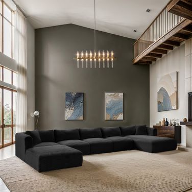 Shaggy Corduroy Performance Fabric 6 Piece Modular Sectional In Black