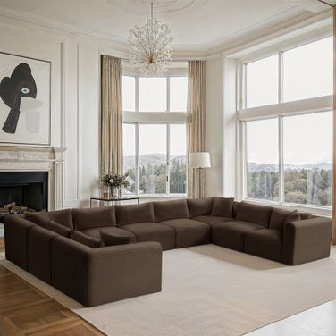 Shaggy Corduroy Performance Fabric 9 Piece Modular Sectional In Brown