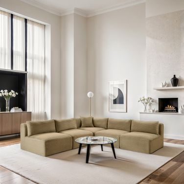 Shaggy Corduroy Performance Fabric 5 Piece Modular Sectional In Camel