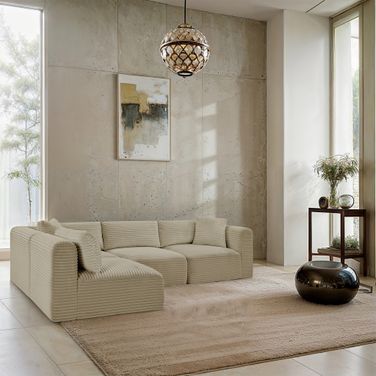 Shaggy Corduroy Performance Fabric 4 Piece Modular Sectional In Cream