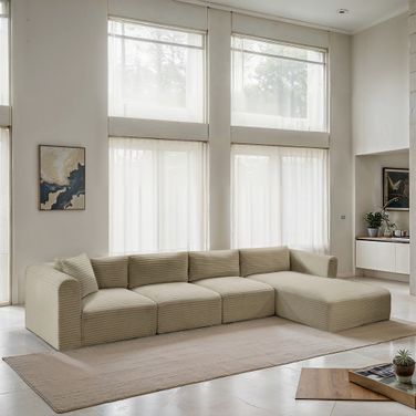 Shaggy Corduroy Performance Fabric 4 Piece Modular Sectional In Cream