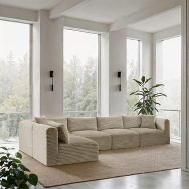 Shaggy Corduroy Performance Fabric 5 Piece Modular Sectional In Cream