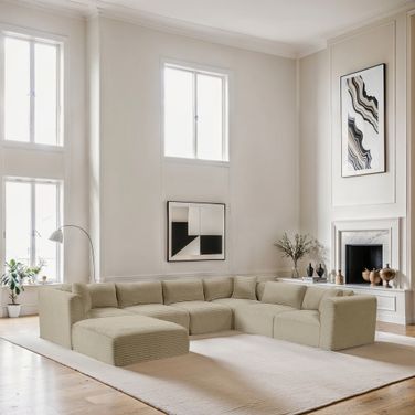 Shaggy Corduroy Performance Fabric 7 Piece Modular Sectional In Cream