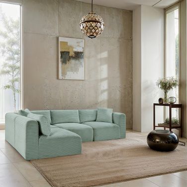Shaggy Corduroy Performance Fabric 4 Piece Modular Sectional In Mint