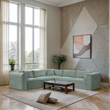 Shaggy Corduroy Performance Fabric 5 Piece Modular Sectional In Mint