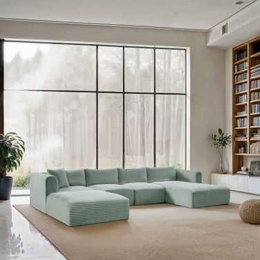 Shaggy Corduroy Performance Fabric 5 Piece Modular Sectional In Mint