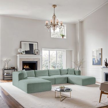 Shaggy Corduroy Performance Fabric 6 Piece Modular Sectional In Mint