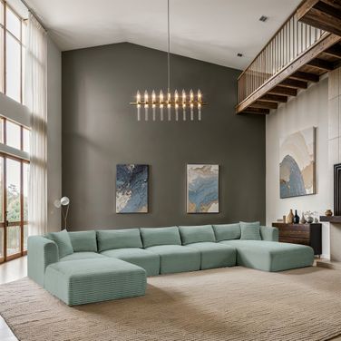 Shaggy Corduroy Performance Fabric 6 Piece Modular Sectional In Mint