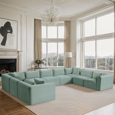 Shaggy Corduroy Performance Fabric 9 Piece Modular Sectional In Mint