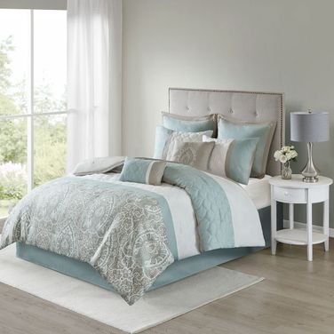 Shawnee Polyester Microfiber Printed Pieced Embroidered 8Pcs King Comforter Set With Quilting In Seafoam