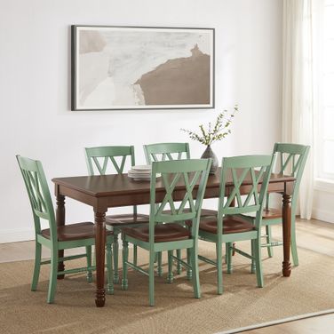 Shelby 7 Piece Dining Table Set for 6 In Distressed Teal and Dark Cherry