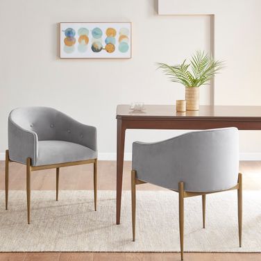 Sheraton Tufted Low Back Upholstered Arm Dining Chair Set of 2 In Grey