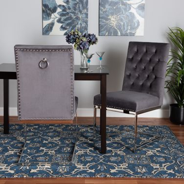 Sherine Contemporary Glam and Luxe Grey Velvet Fabric and Silver Metal 2-Piece Dining Chair Set