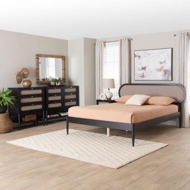 Shirin Fabric and Wood Queen 4-Piece Bedroom Set In Black and Beige
