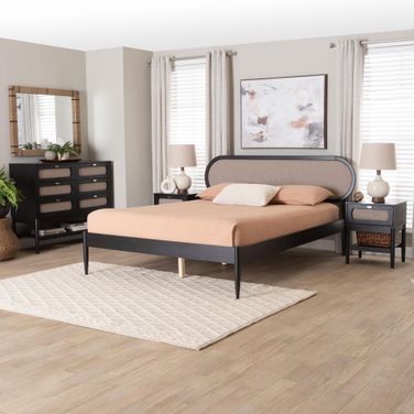 Shirin Fabric and Wood Queen 4-Piece Bedroom Set with Two nightstands In Black and Beige