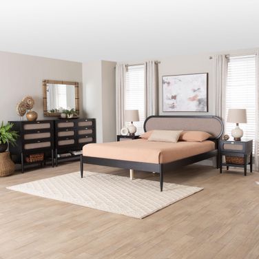 Shirin Fabric and Wood Queen 5-Piece Bedroom Set In Black and Beige
