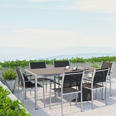 Shore Silver and Black 7 Piece Outdoor Patio Aluminum Dining Set EEI-2486-SLV-BLK-SET