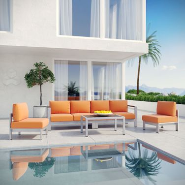 Shore 5-Piece Outdoor Patio Aluminum Sectional Sofa Set In Silver Orange