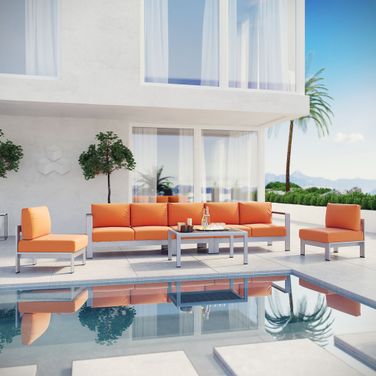 Shore 6-Piece Outdoor Patio Aluminum Sectional Sofa Set In Silver Orange
