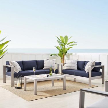 Shore Sunbrella Fabric Outdoor Patio Aluminum 3 Piece Set EEI-4313-SLV-NAV-SET