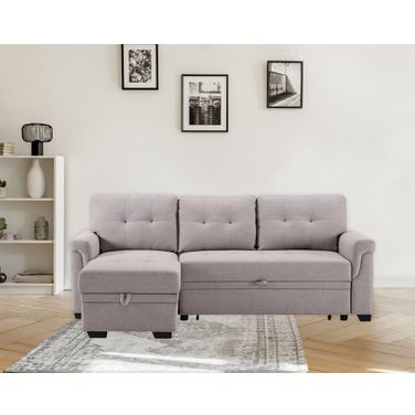 Sierra 84 Inch Linen Reversible Sleeper Sectional Sofa with Storage Chaise In Light Gray