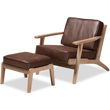 Sigrid Mid-Century Modern Dark Brown Faux Leather Effect Fabric Upholstered Antique Oak Finished 2-Piece Wood Armchair And Ottoman Set
