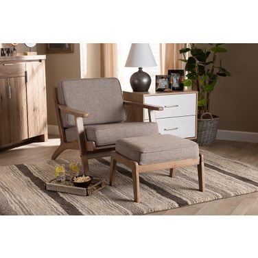 Sigrid Mid-Century Modern Light Grey Fabric Upholstered Antique Oak Finished 2-Piece Wood Armchair And Ottoman Set