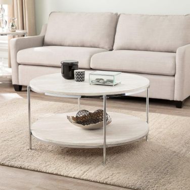 Silas Round Faux Stone Cocktail Table In Chrome