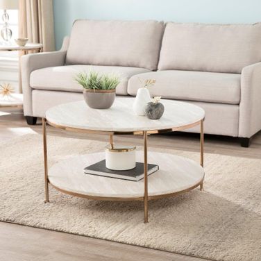 Silas Round Faux Stone Cocktail Table In White