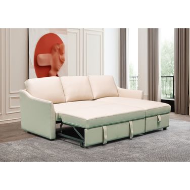 Skyline Merax L-Shape Leather Full Sleeper Sectional Sofa with Storage Reversible Chaise In Ivory
